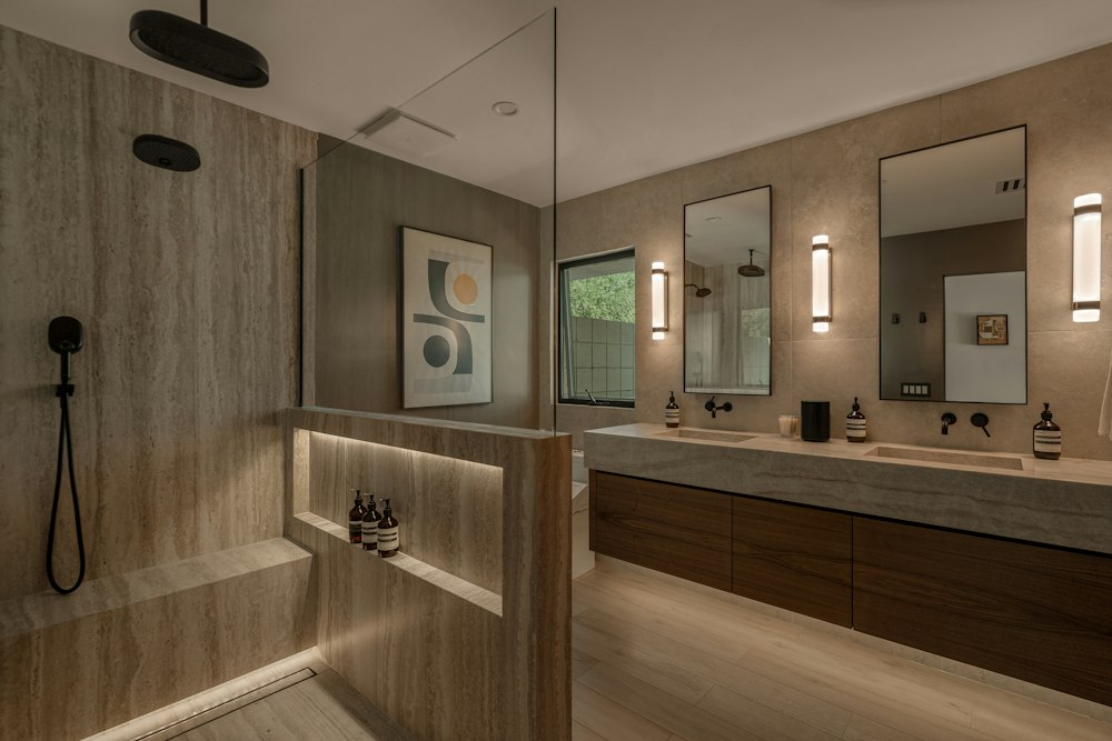 Modern bathroom vanity with custom mirrors